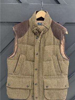 Ralph Lauren Olive Brown Quilted Wool-Blend Vest with Suede Shoulders